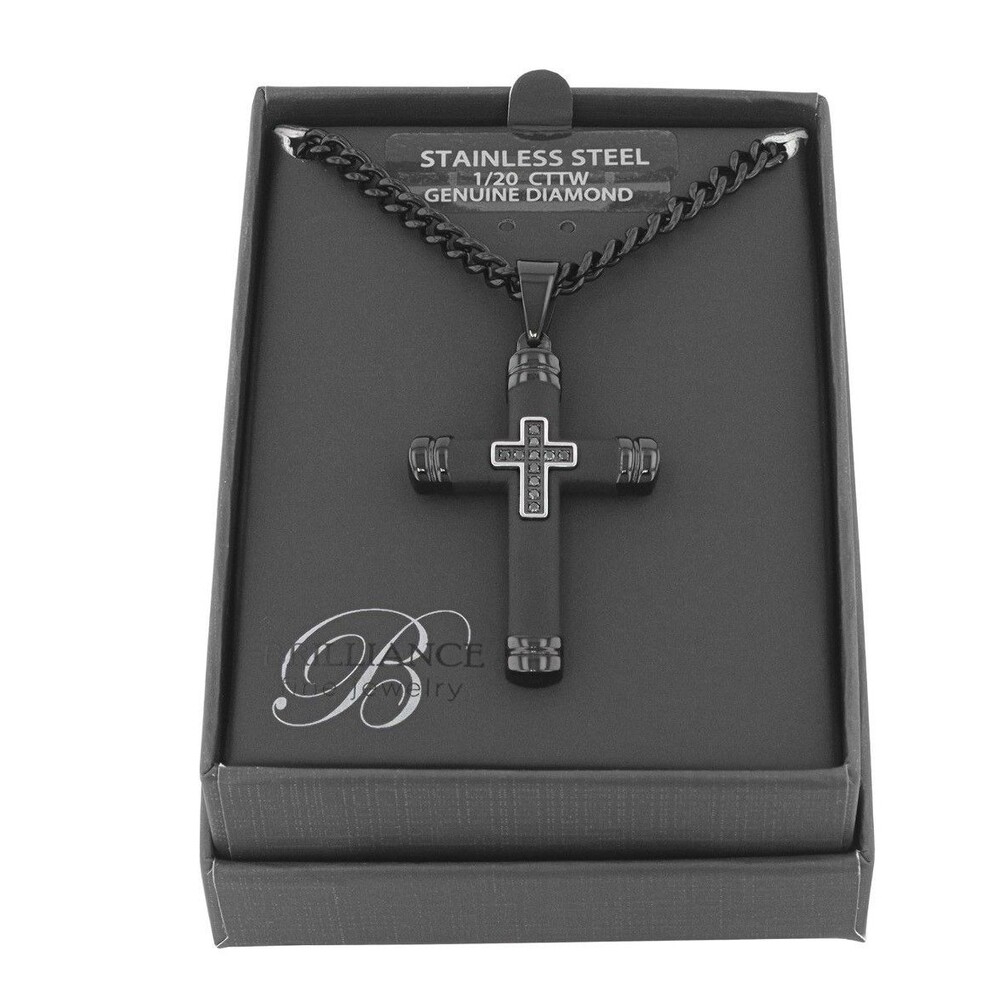 New Mens Brilliance Black Cross Stainless Steel 1/20CTTW Genuine Diamond